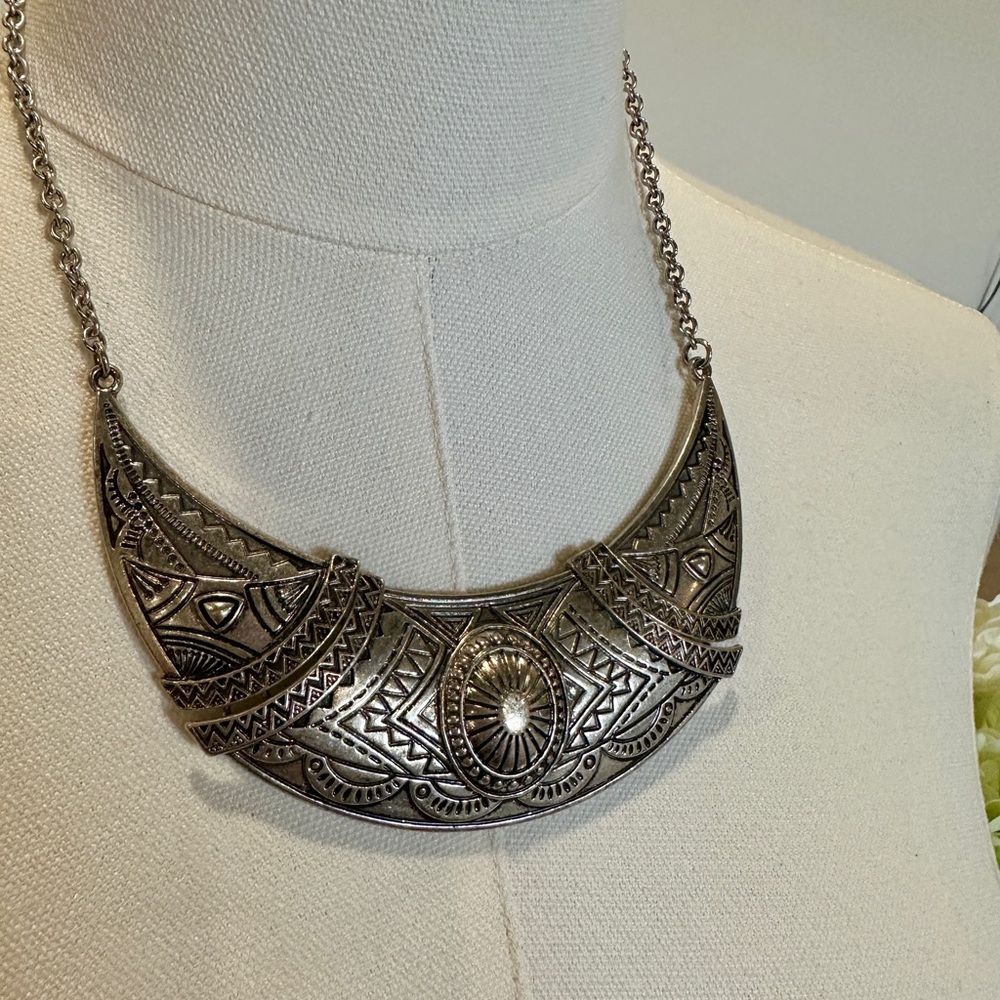 Silver Tone Tribal Statement Necklace | Boho Bib Collar | Etched Metal Pendant